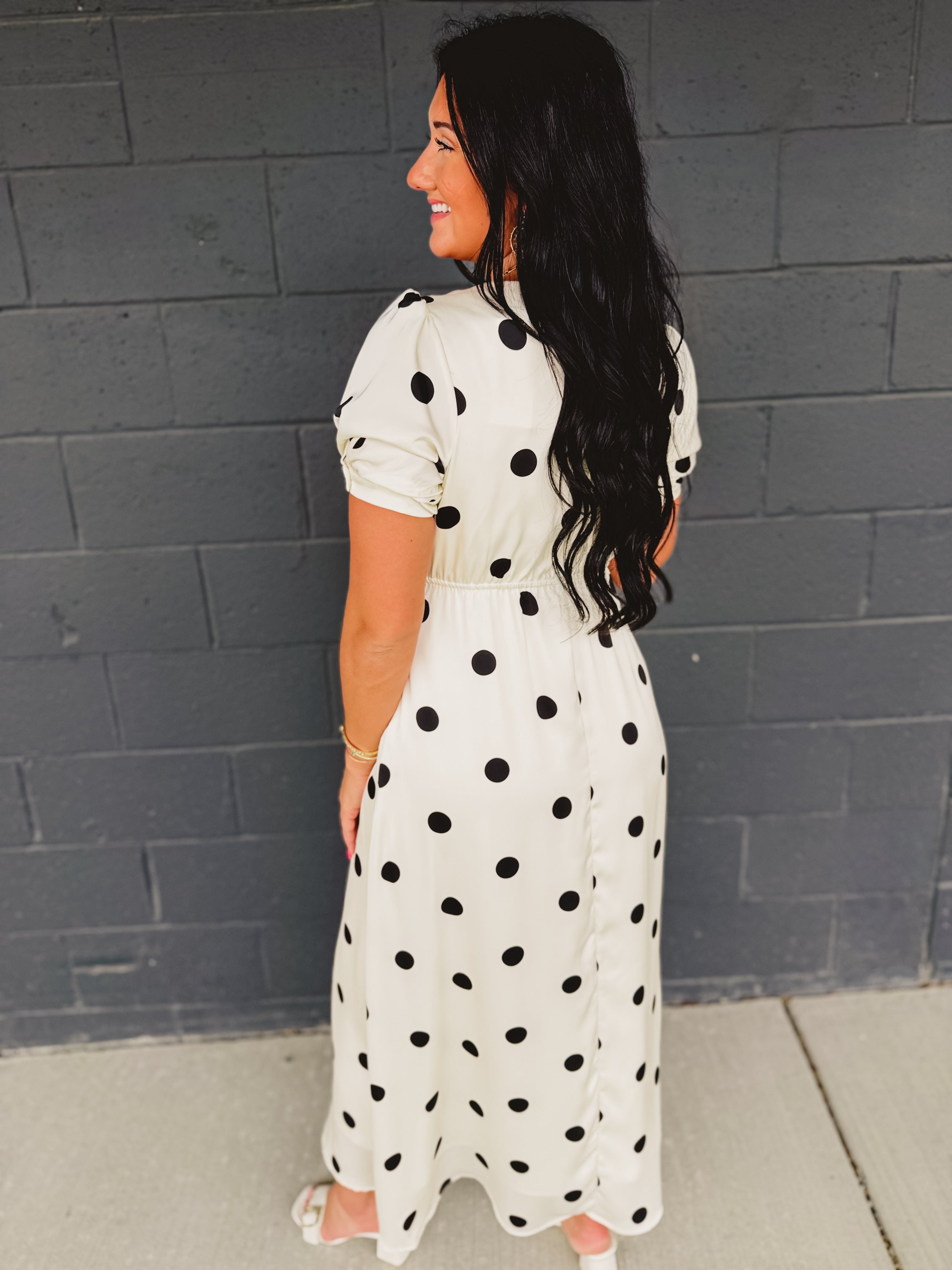 Polka Dot Puff Sleeve Maxi Dress - Cream/Black - Lace and Grace Boutique