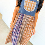 Mixed Plaid Denim Overall Maxi Dress - Multicolor