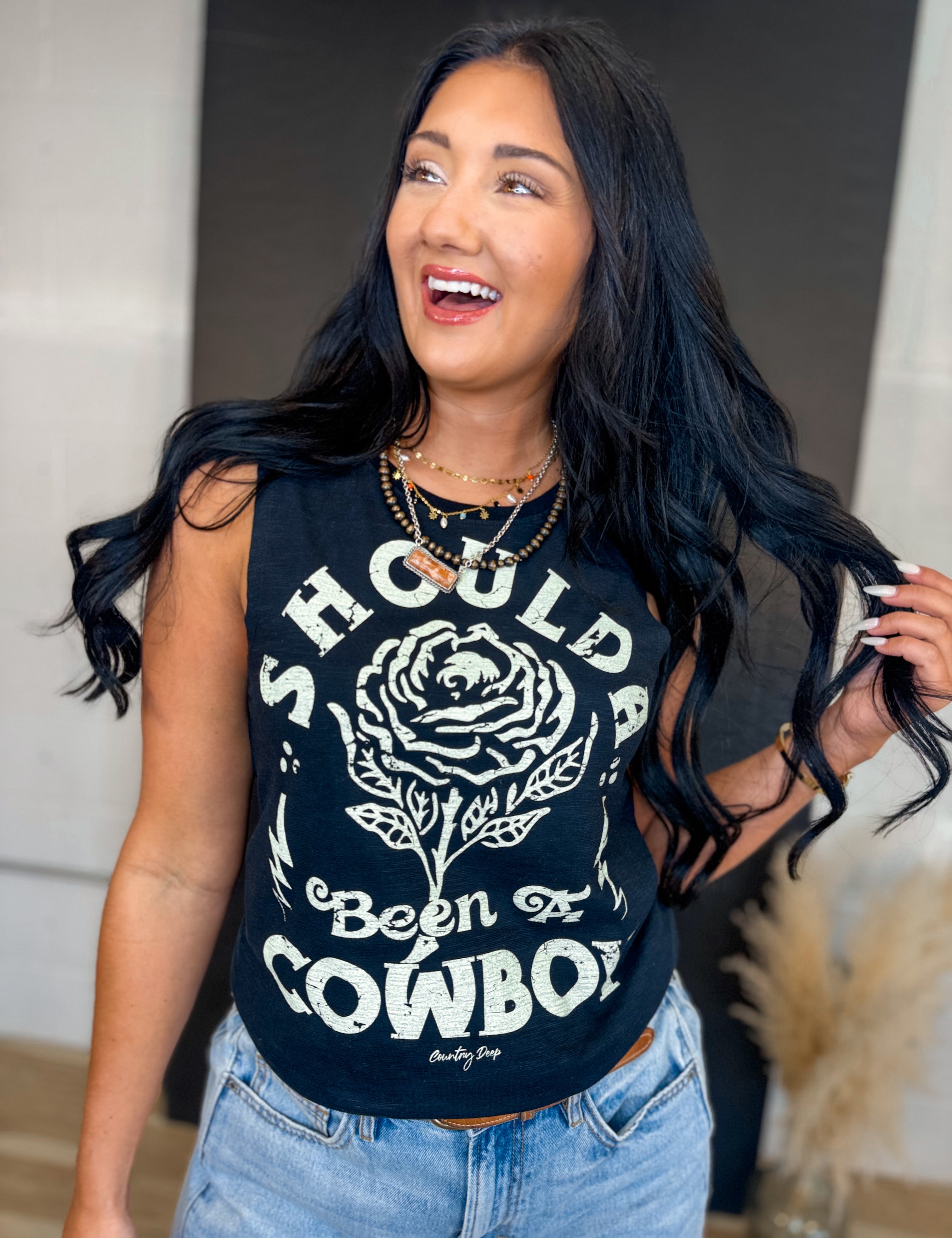 Shoulda Been A Cowboy Muscle Tank Top - Black - Lace and Grace Boutique