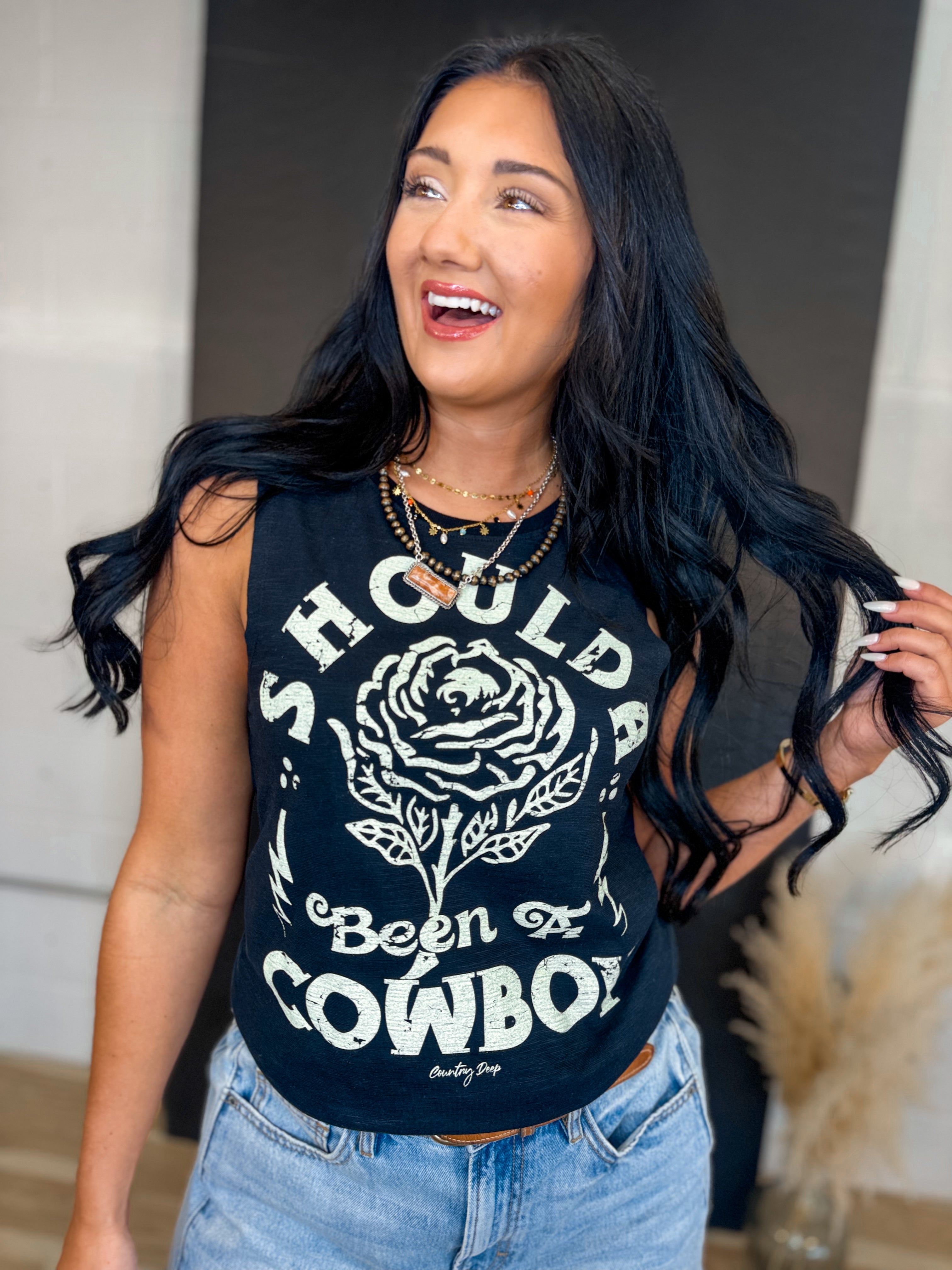 Shoulda Been A Cowboy Muscle Tank Top - Black - Lace and Grace Boutique