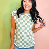 Checkered Print Casual Knit Top - Sage - Lace and Grace Boutique