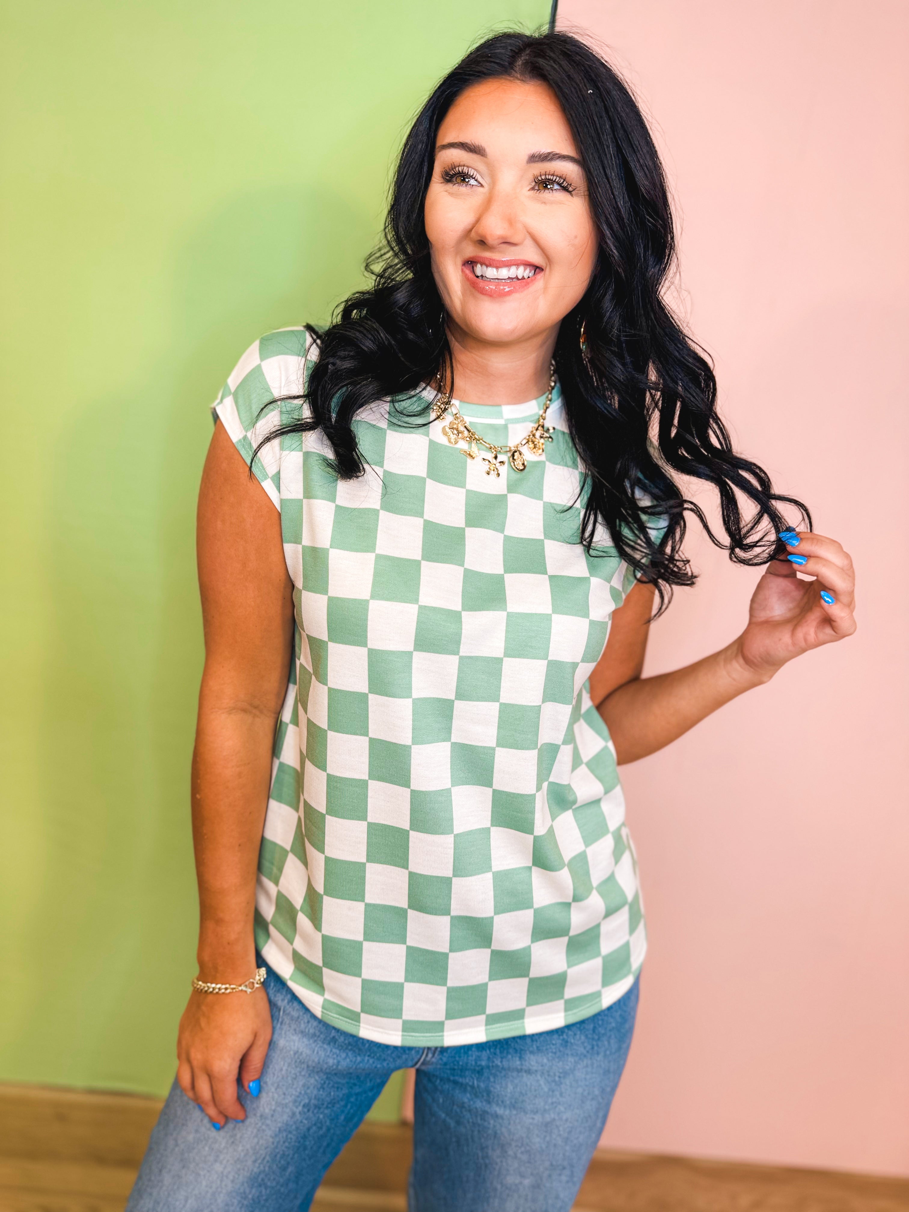 Checkered Print Casual Knit Top - Sage - Lace and Grace Boutique