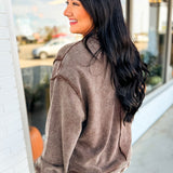 Acid Wash Ribbed Pullover Top - Chocolate