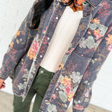 Washed Floral Print Button Up Top - Black