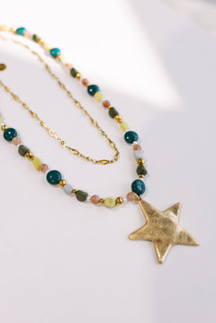 Star Pendant Layered Beaded & Chain Necklace - Green - Lace and Grace Boutique