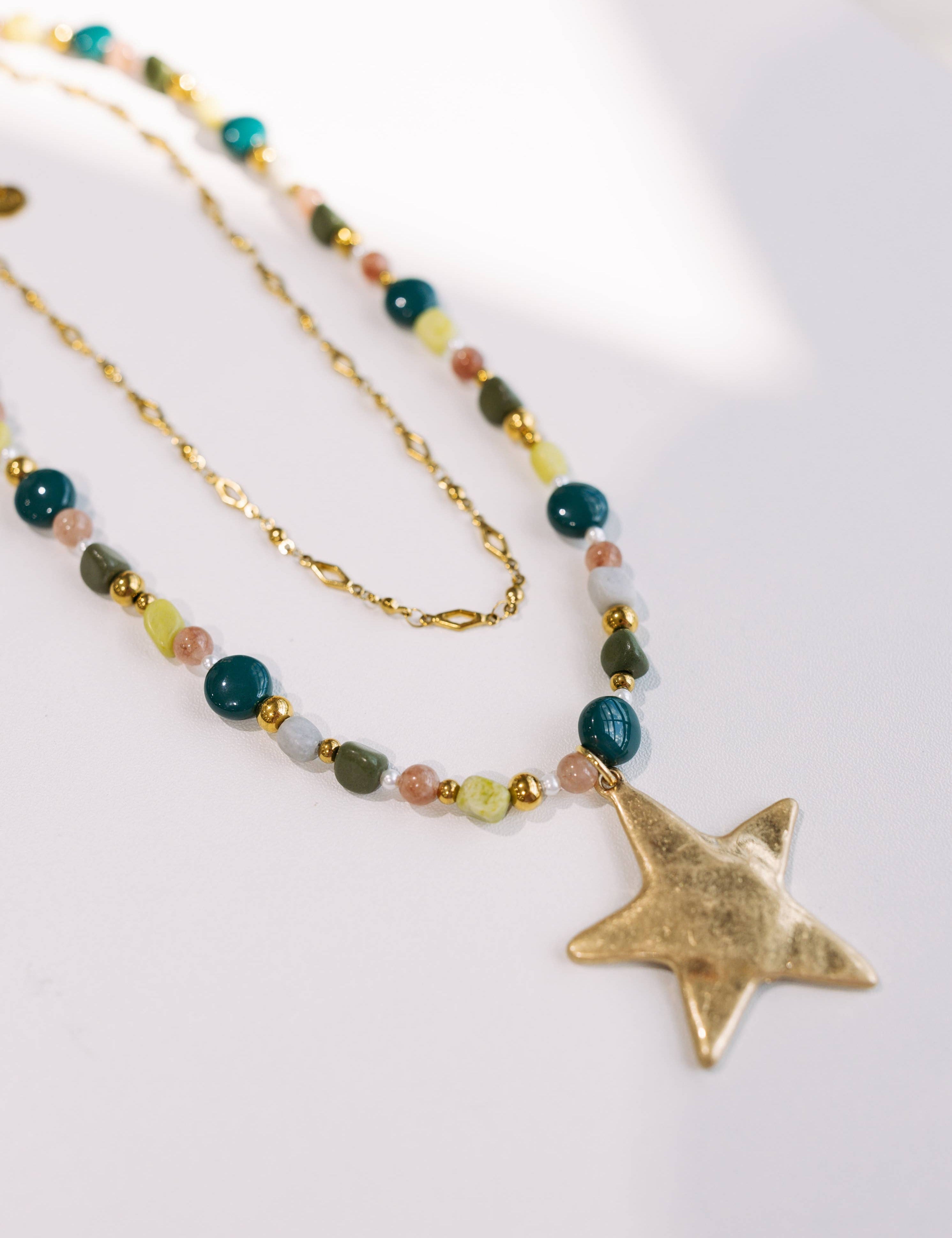 Star Pendant Layered Beaded & Chain Necklace - Green - Lace and Grace Boutique