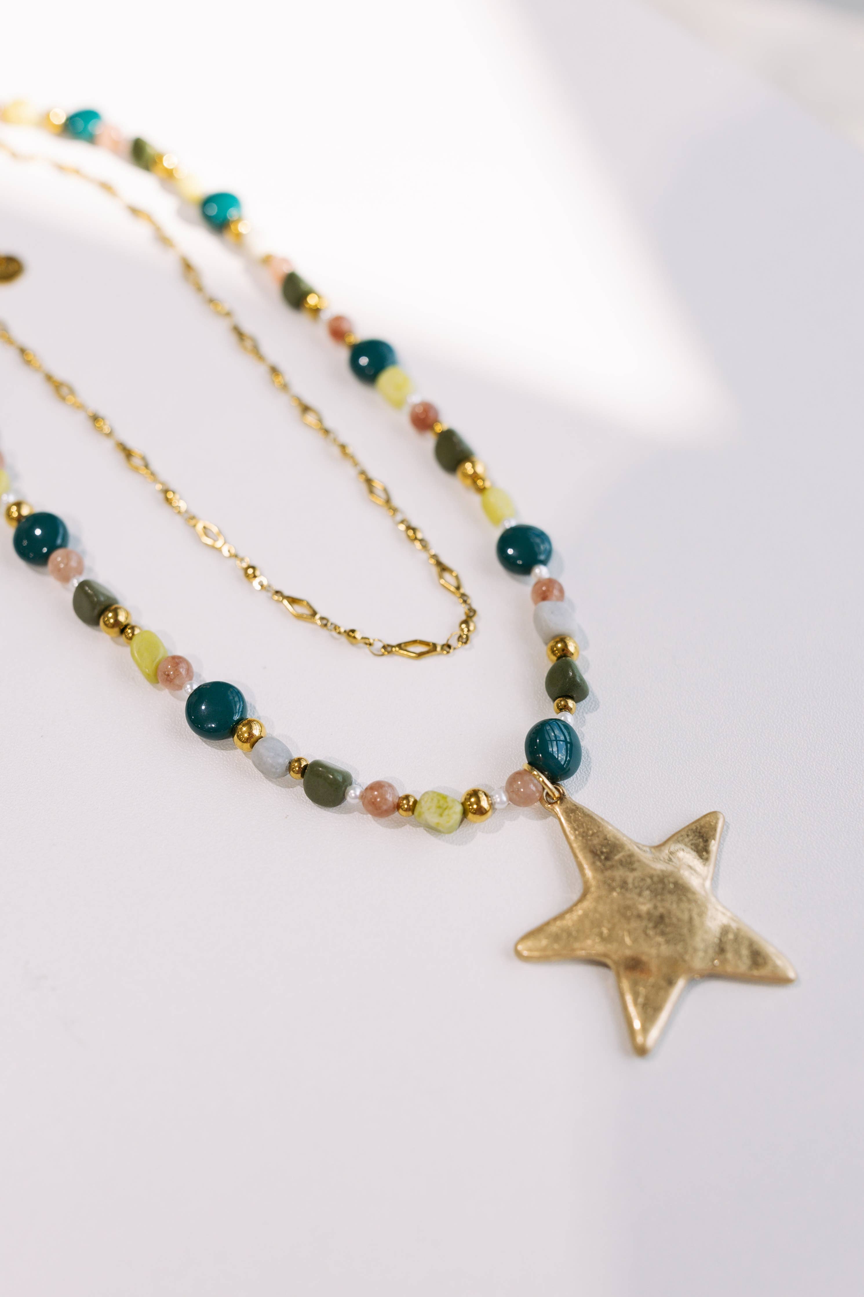 Star Pendant Layered Beaded & Chain Necklace - Green - Lace and Grace Boutique