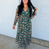 Delicate Floral Print Tiered Button Down Maxi Dress - Eucalyptus