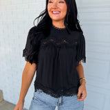 Lace Detail Flutter Sleeve Blouse - Black