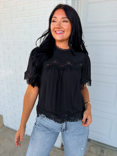 Lace Detail Flutter Sleeve Blouse - Black - Lace and Grace Boutique