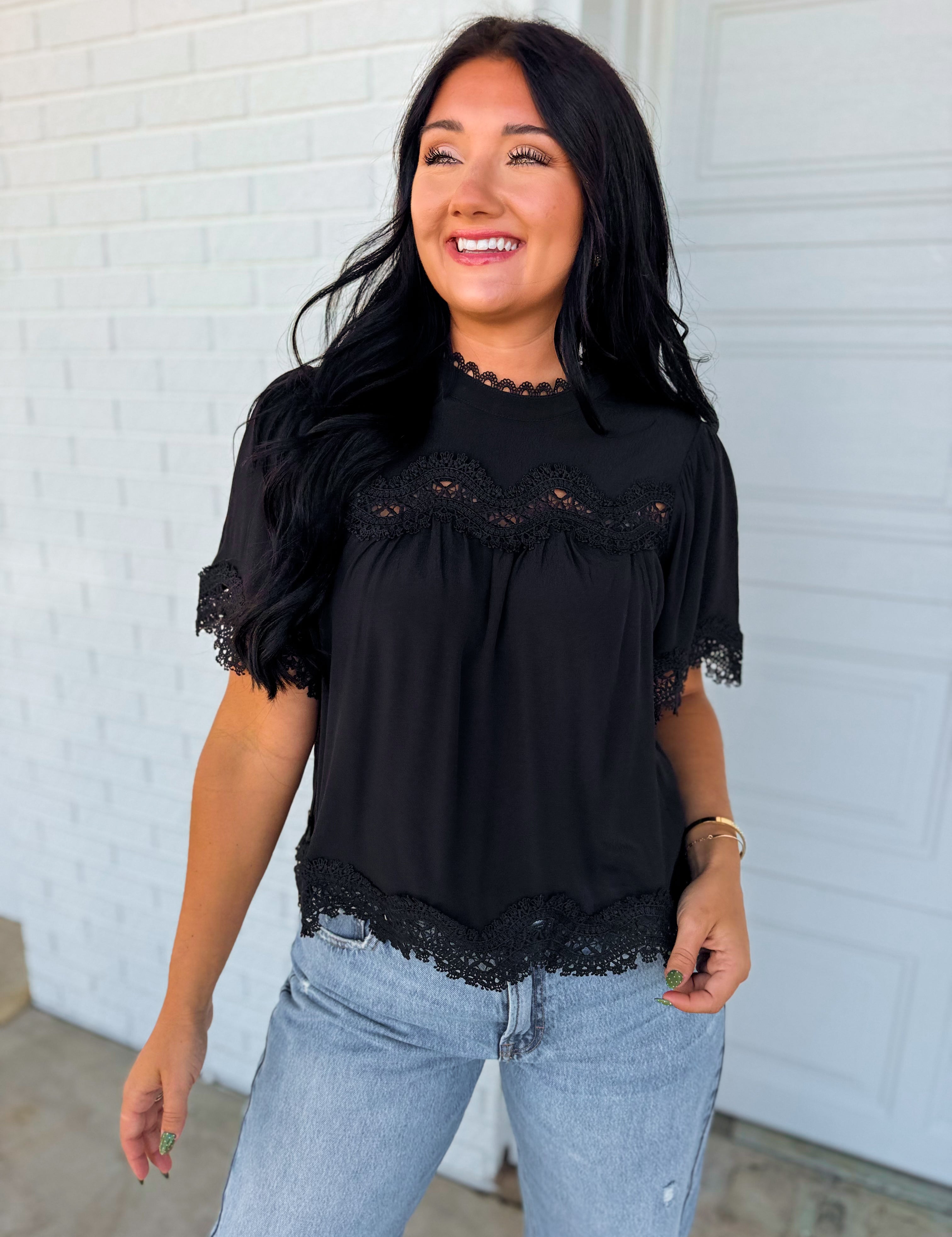 Lace Detail Flutter Sleeve Blouse - Black - Lace and Grace Boutique