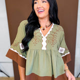 Embroidered Color Block Oversized Blouse - Olive Combo