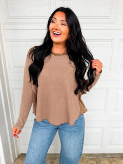 Oversized Waffle Knit Thermal Long Sleeve Top - Latte - Lace and Grace Boutique