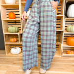 Plaid Crinkled Gauze Wide Leg Pants - Eucalyptus - Lace and Grace Boutique
