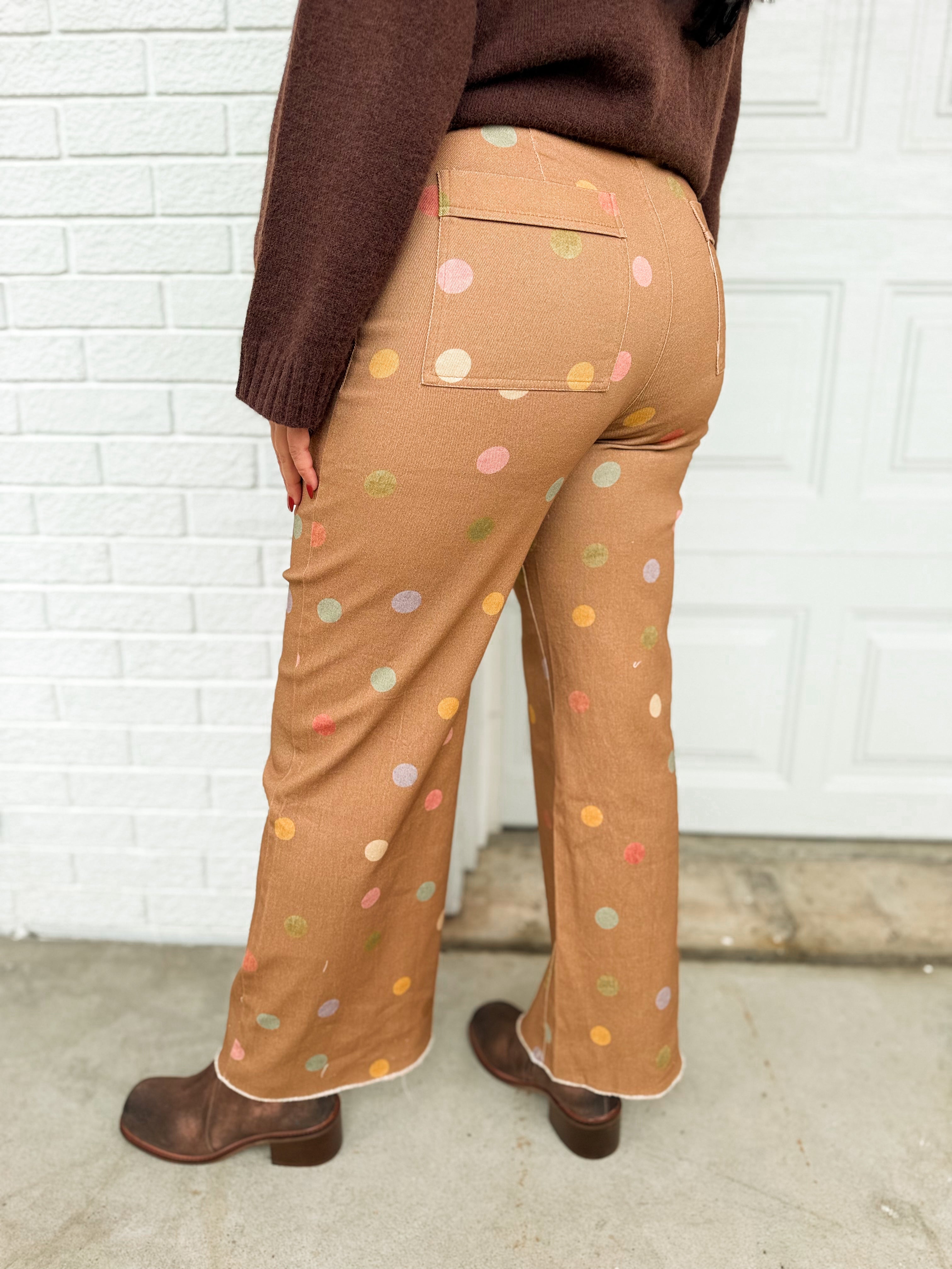 Pastel Polka Dot Cropped Wide Leg Jean - Mocha Multi - Lace and Grace Boutique