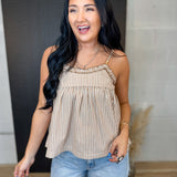 Ruffle Striped Tank Top - Taupe