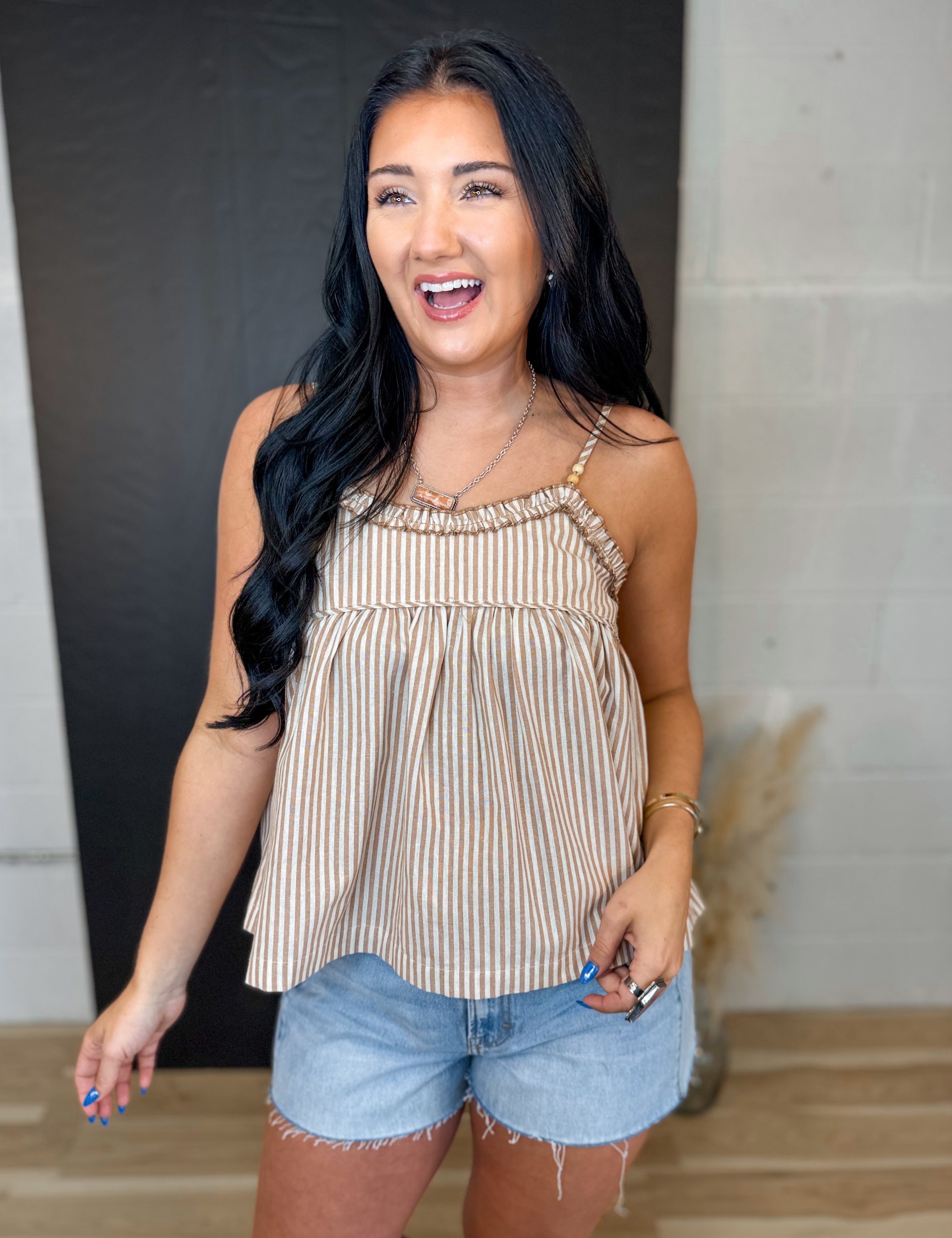 Ruffle Striped Tank Top - Taupe - Lace and Grace Boutique