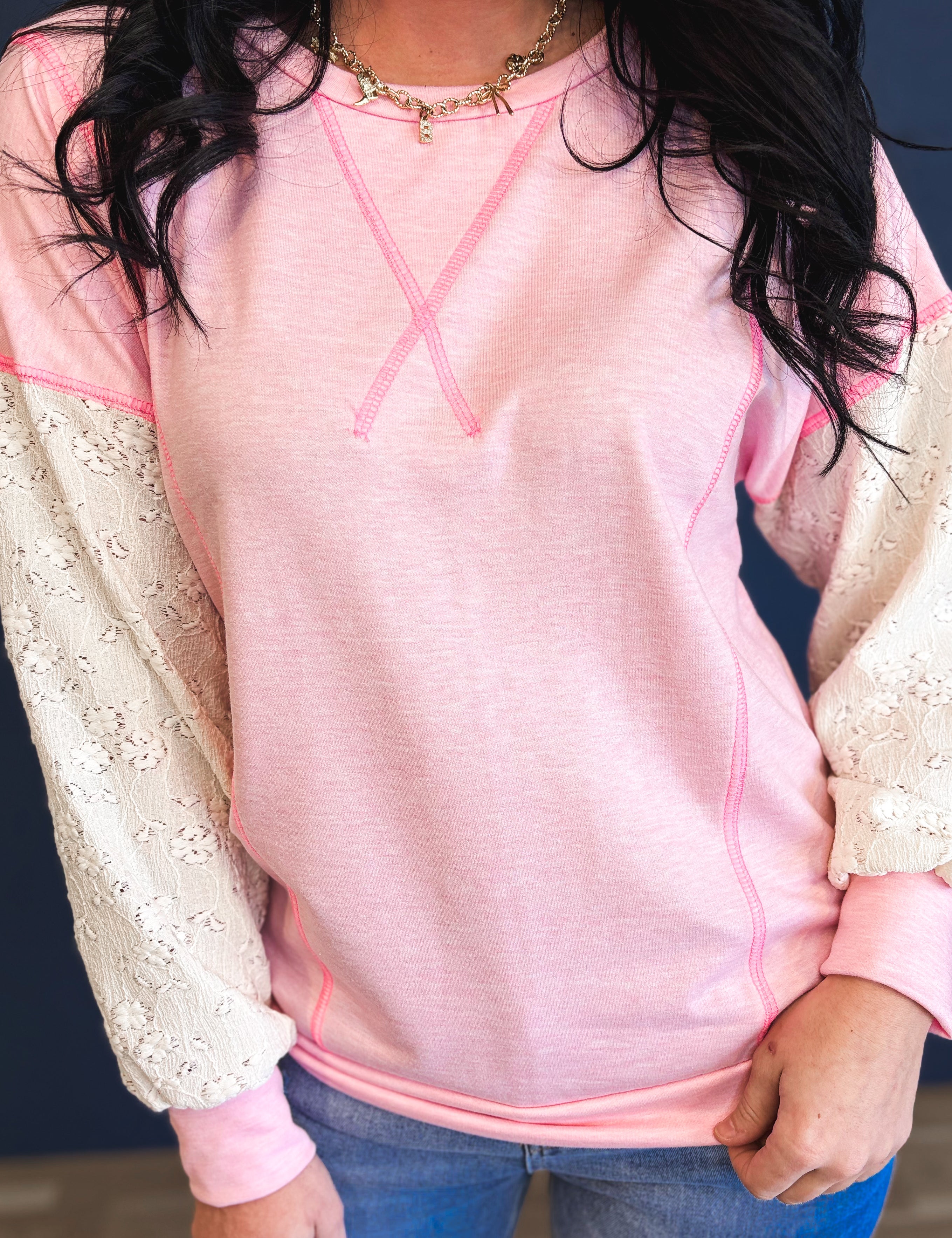Contrast Lace Detail French Terry Pullover - Pink - Lace and Grace Boutique