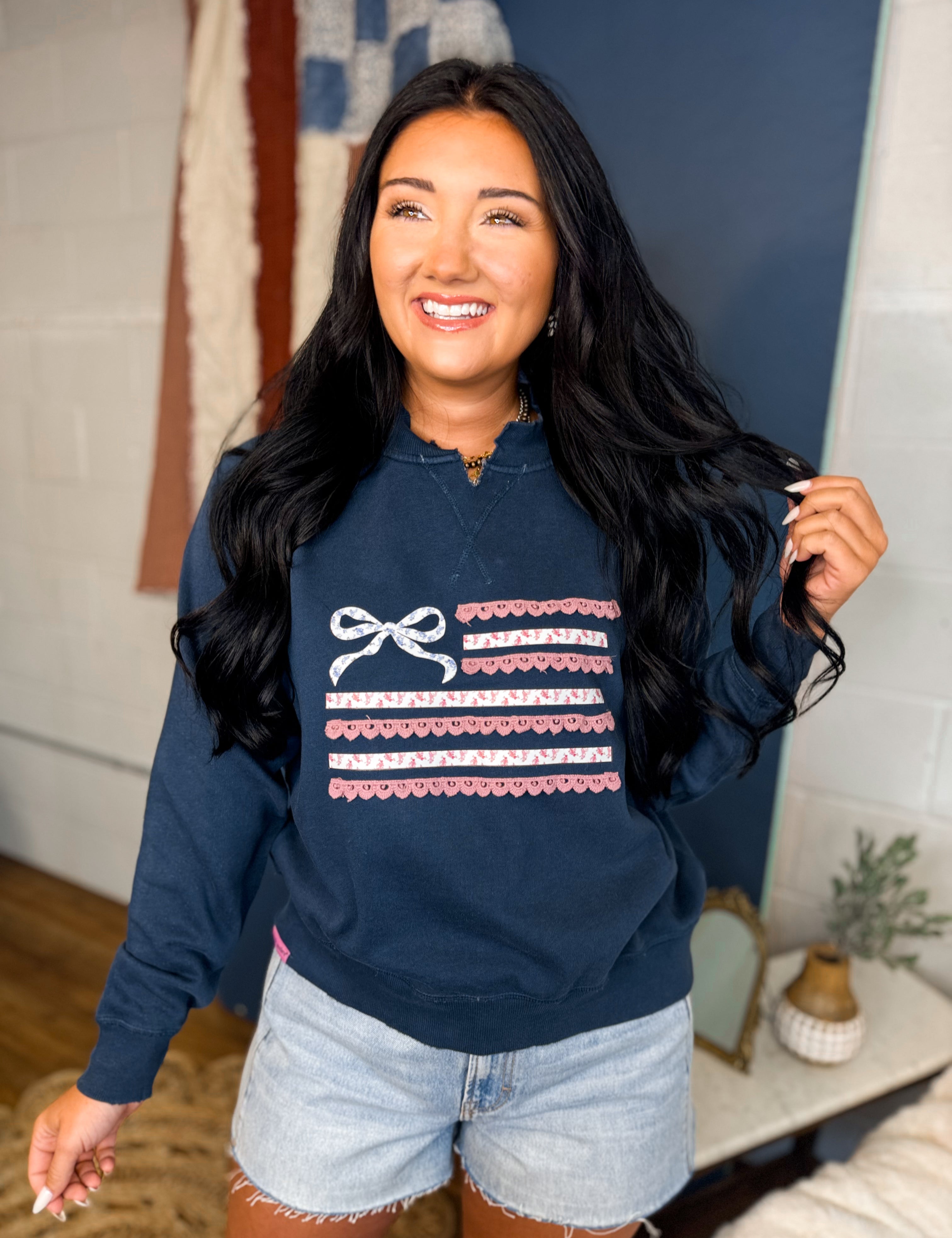 Simply Southern Ribbon Flag Crewneck Sweatshirt - Navy - Lace and Grace Boutique