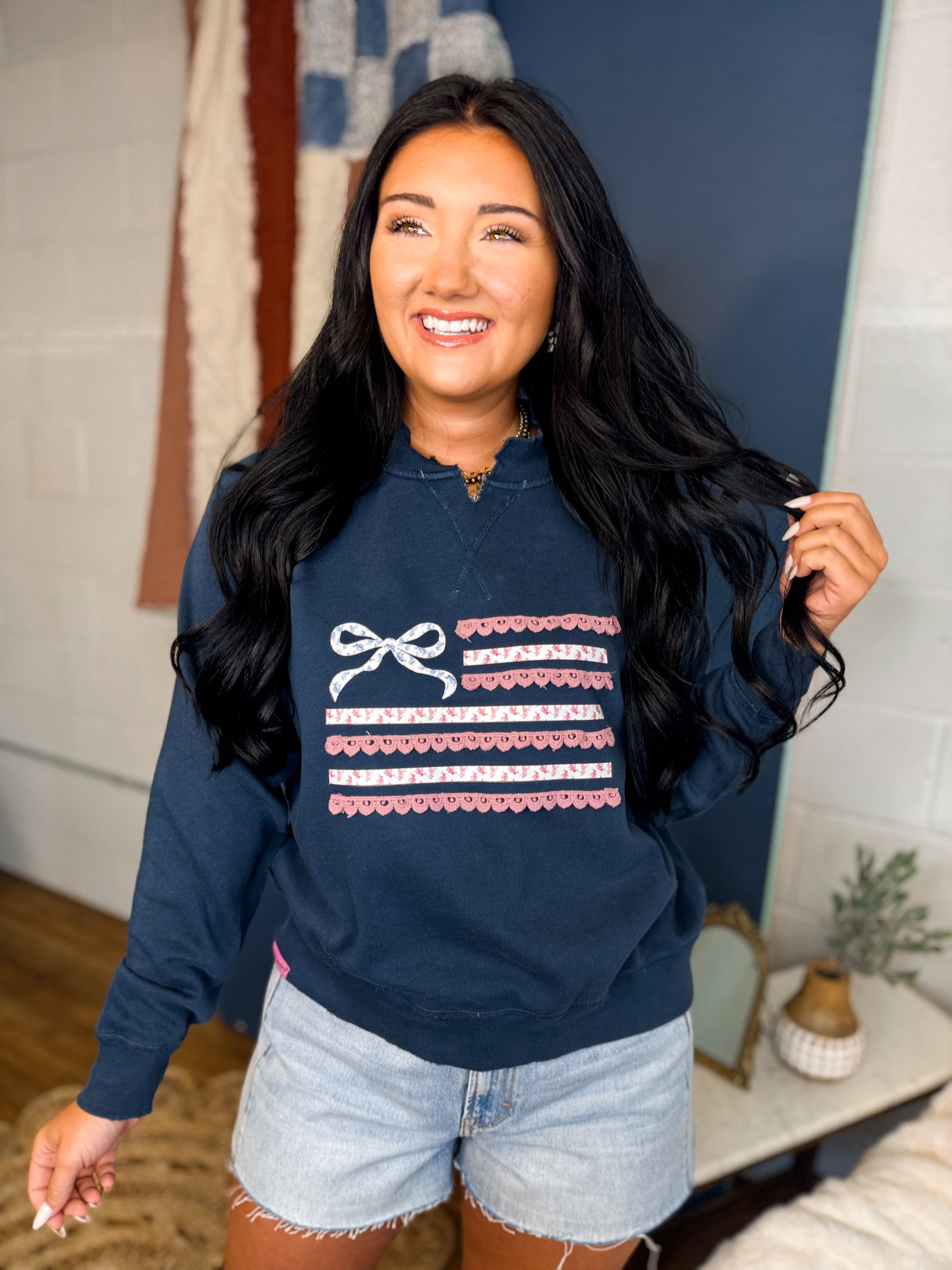Simply Southern Ribbon Flag Crewneck Sweatshirt - Navy - Lace and Grace Boutique