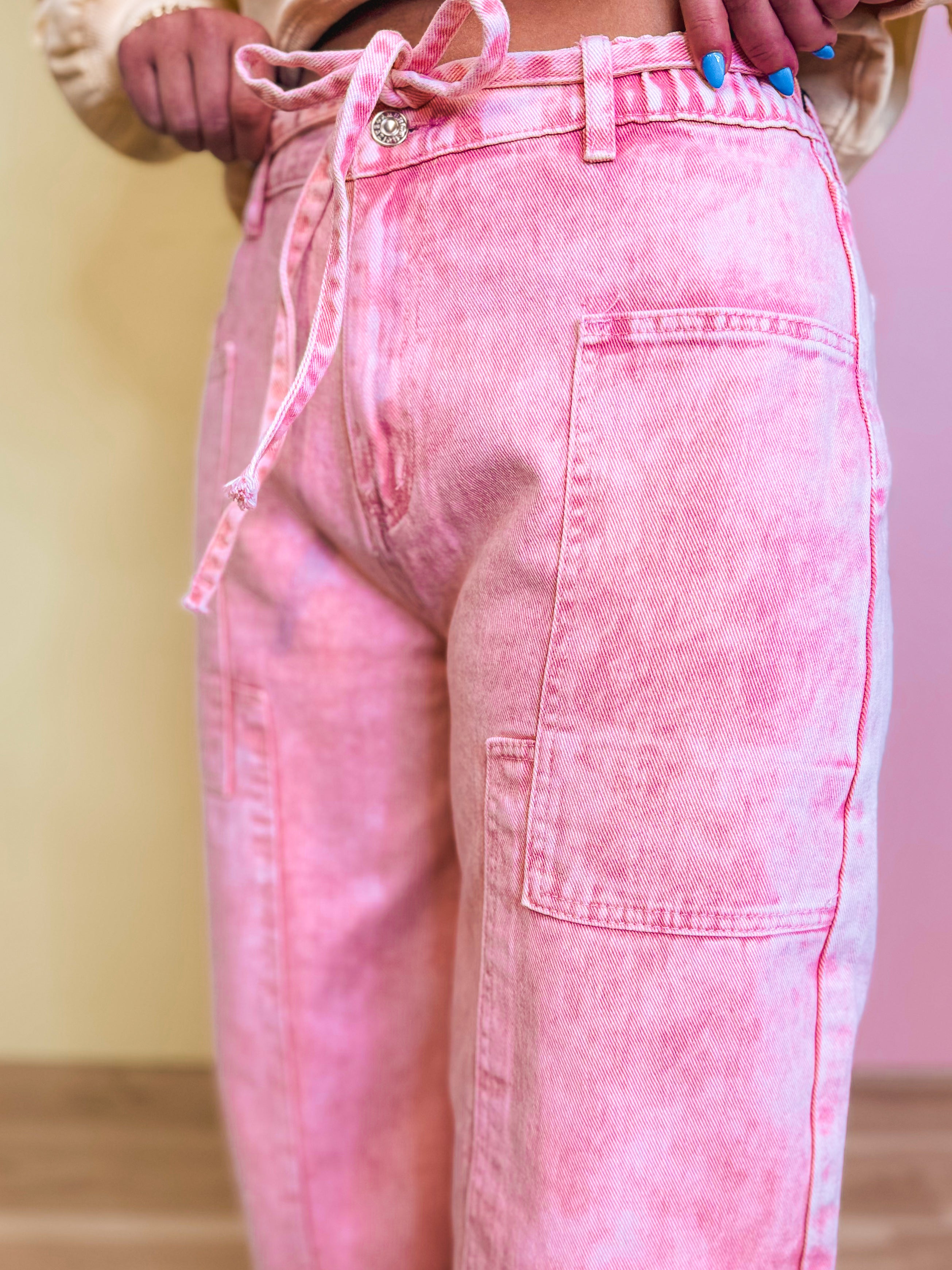 Color Wash Patchwork Wide Leg Pants - Pink - Lace and Grace Boutique