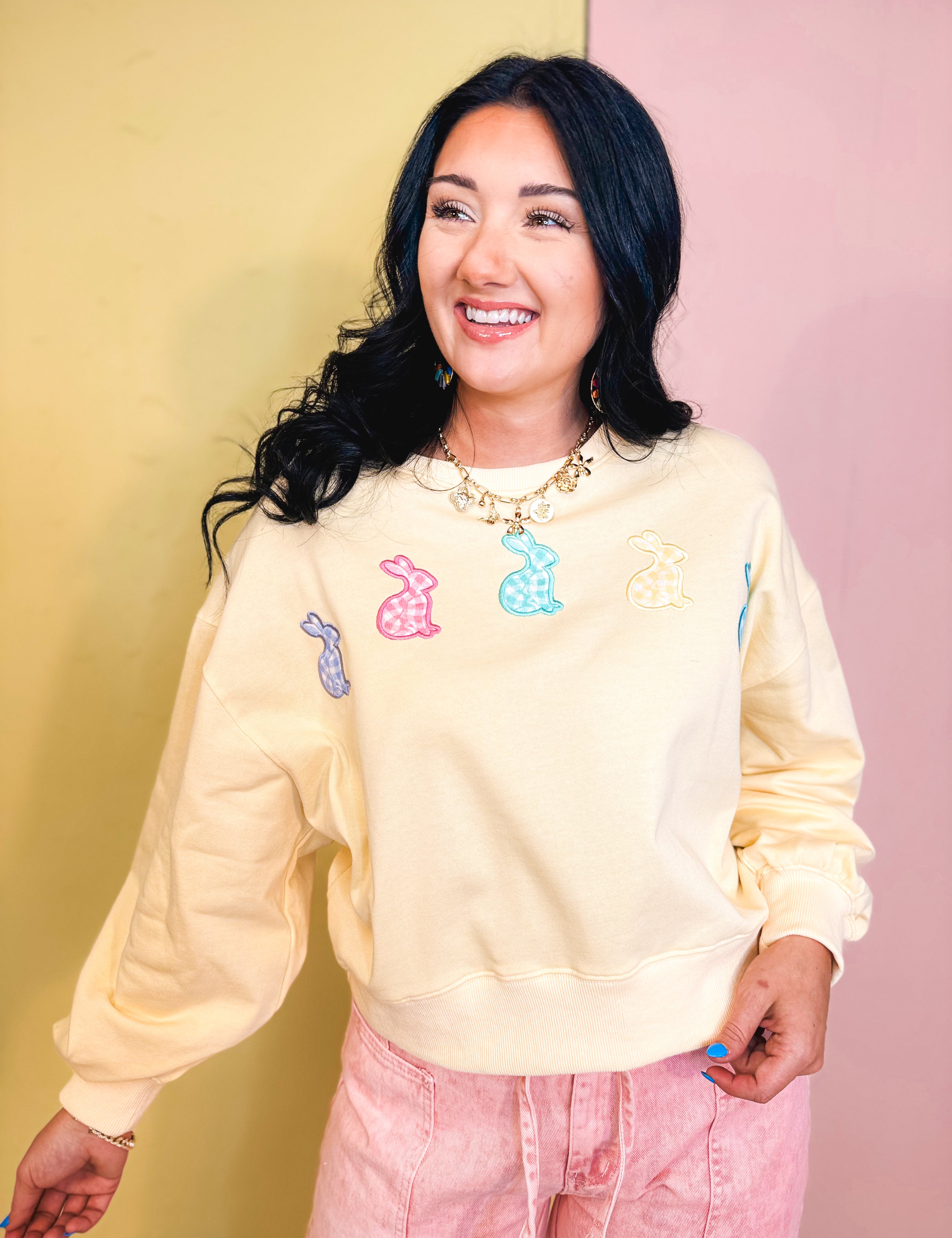 Gingham Bunny Patch Oversized Sweatshirt - Butter - Lace and Grace Boutique