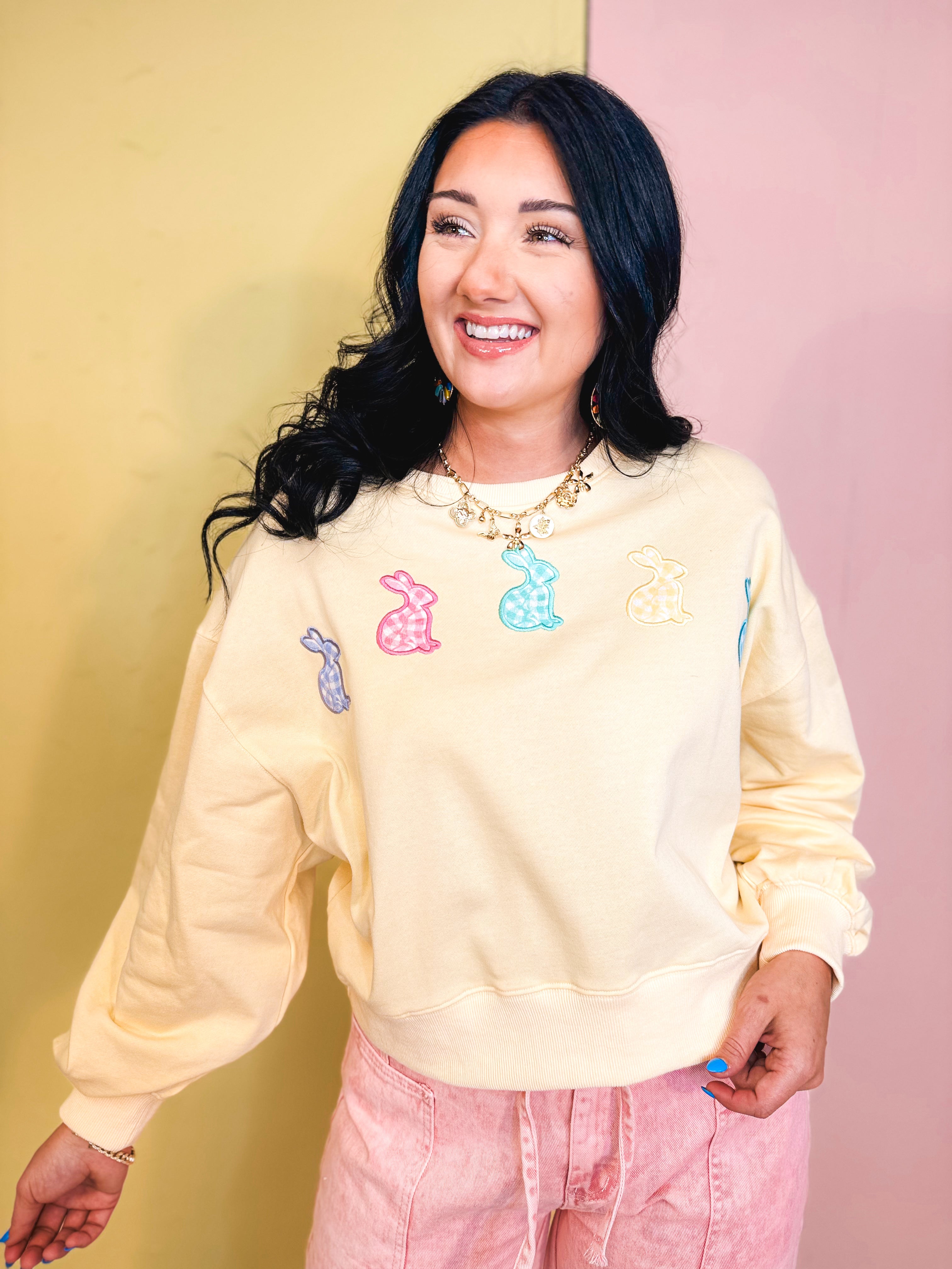 Gingham Bunny Patch Oversized Sweatshirt - Butter - Lace and Grace Boutique