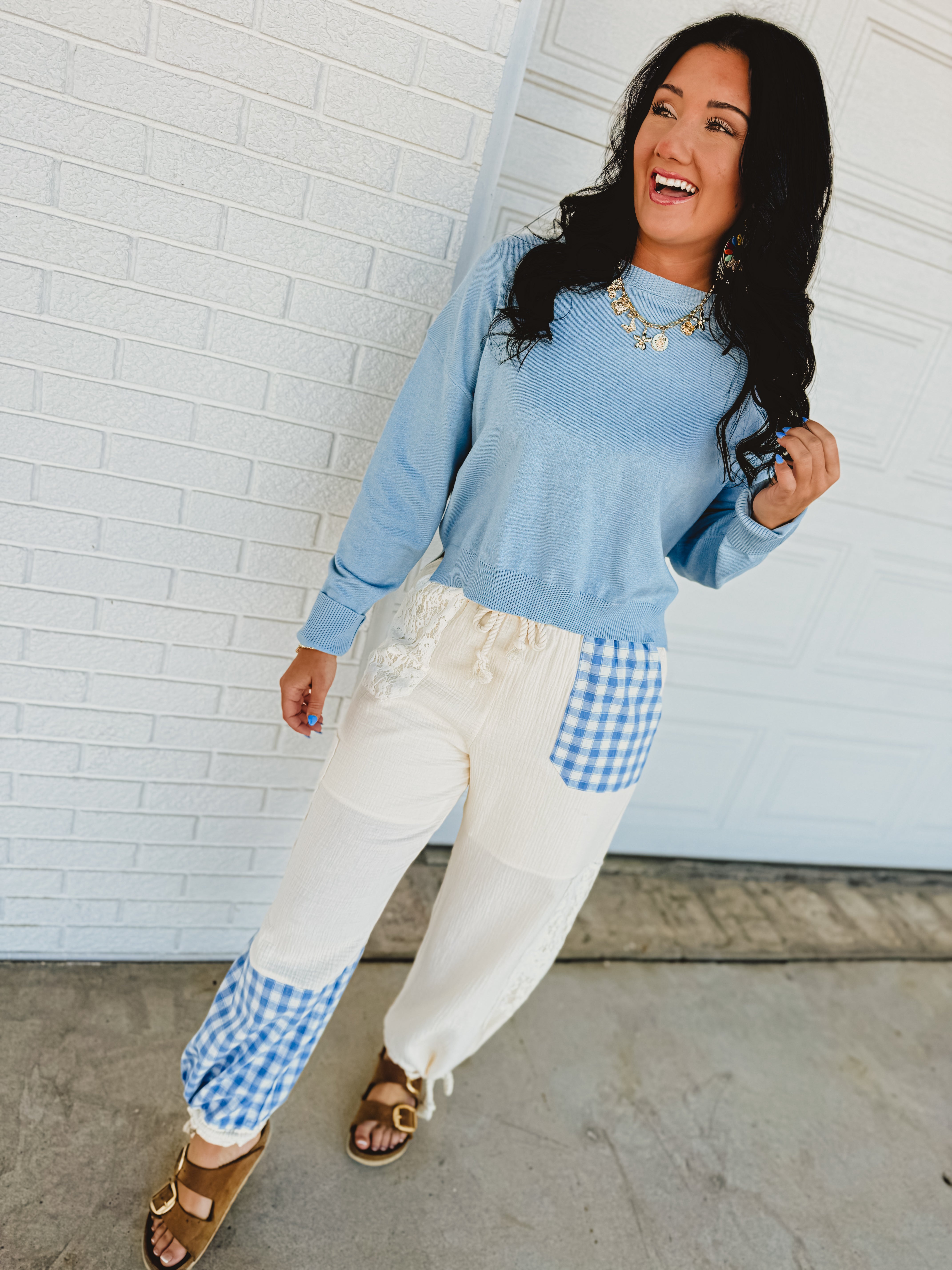 Patchwork Cotton Gauze Wide Leg Pants - Cream - Lace and Grace Boutique