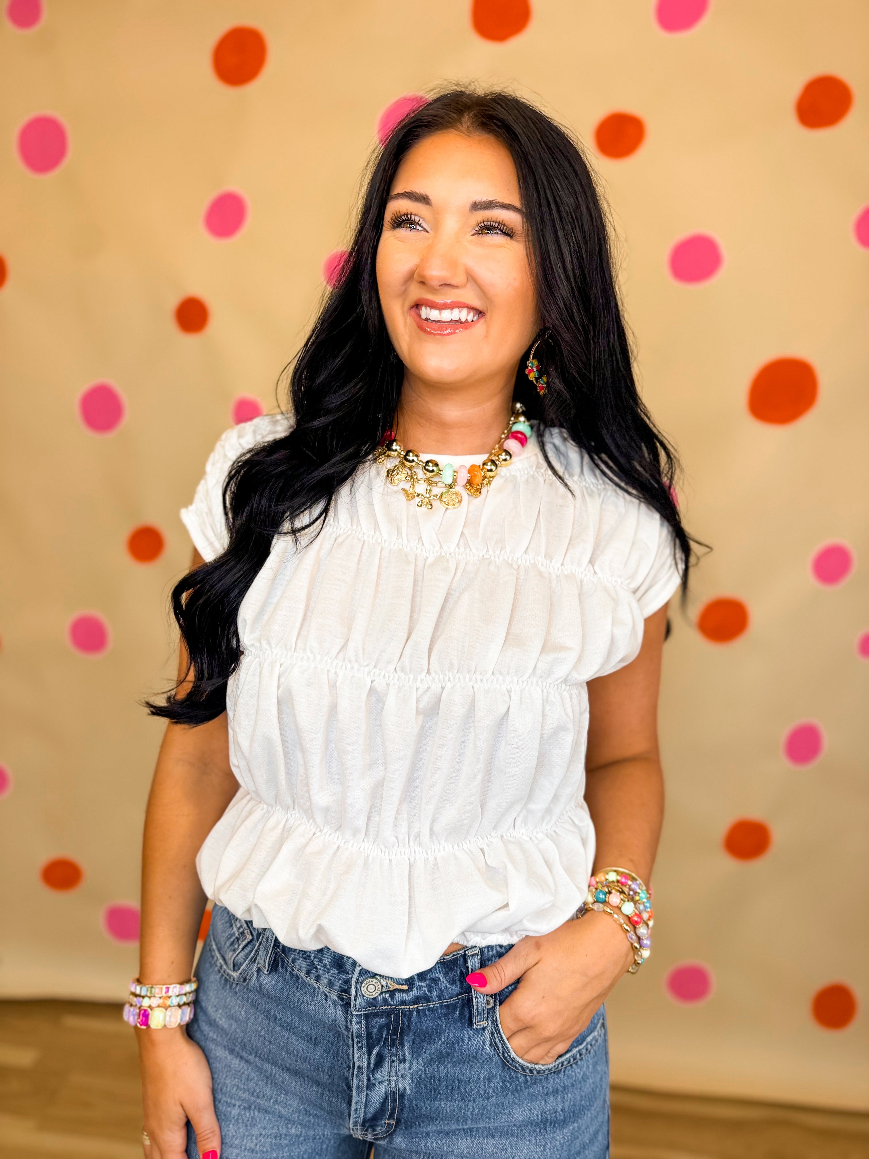Smocked Bubble Hem Knit Top - Ivory - Lace and Grace Boutique