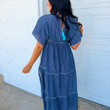 POL Floral Embroidered Chambray Maxi Dress — Denim Blue