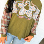 Floral Patch & Plaid Detail Long Sleeve Top - Olive - Lace and Grace Boutique