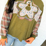 Floral Patch & Plaid Detail Long Sleeve Top - Olive - Lace and Grace Boutique
