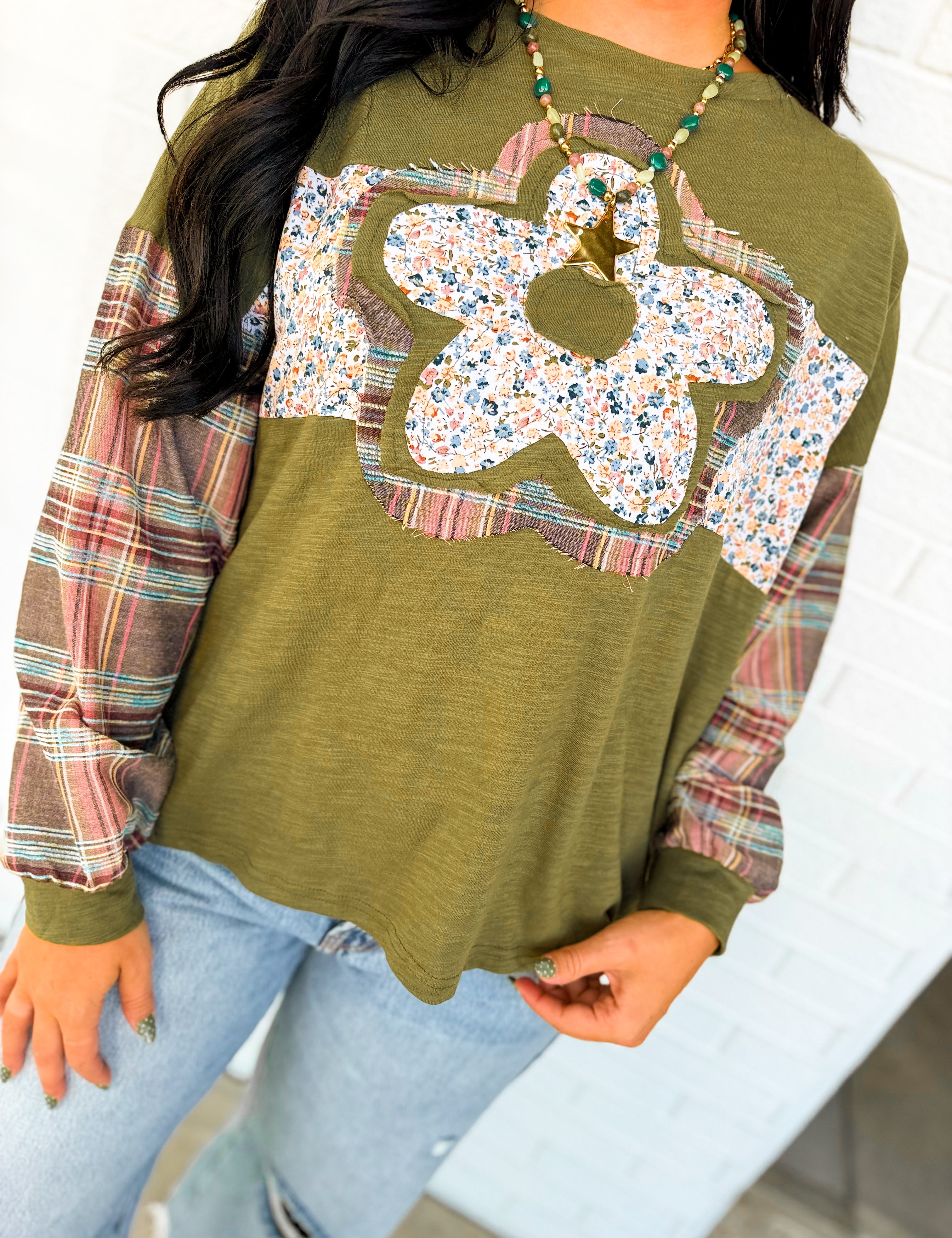 Floral Patch & Plaid Detail Long Sleeve Top - Olive - Lace and Grace Boutique