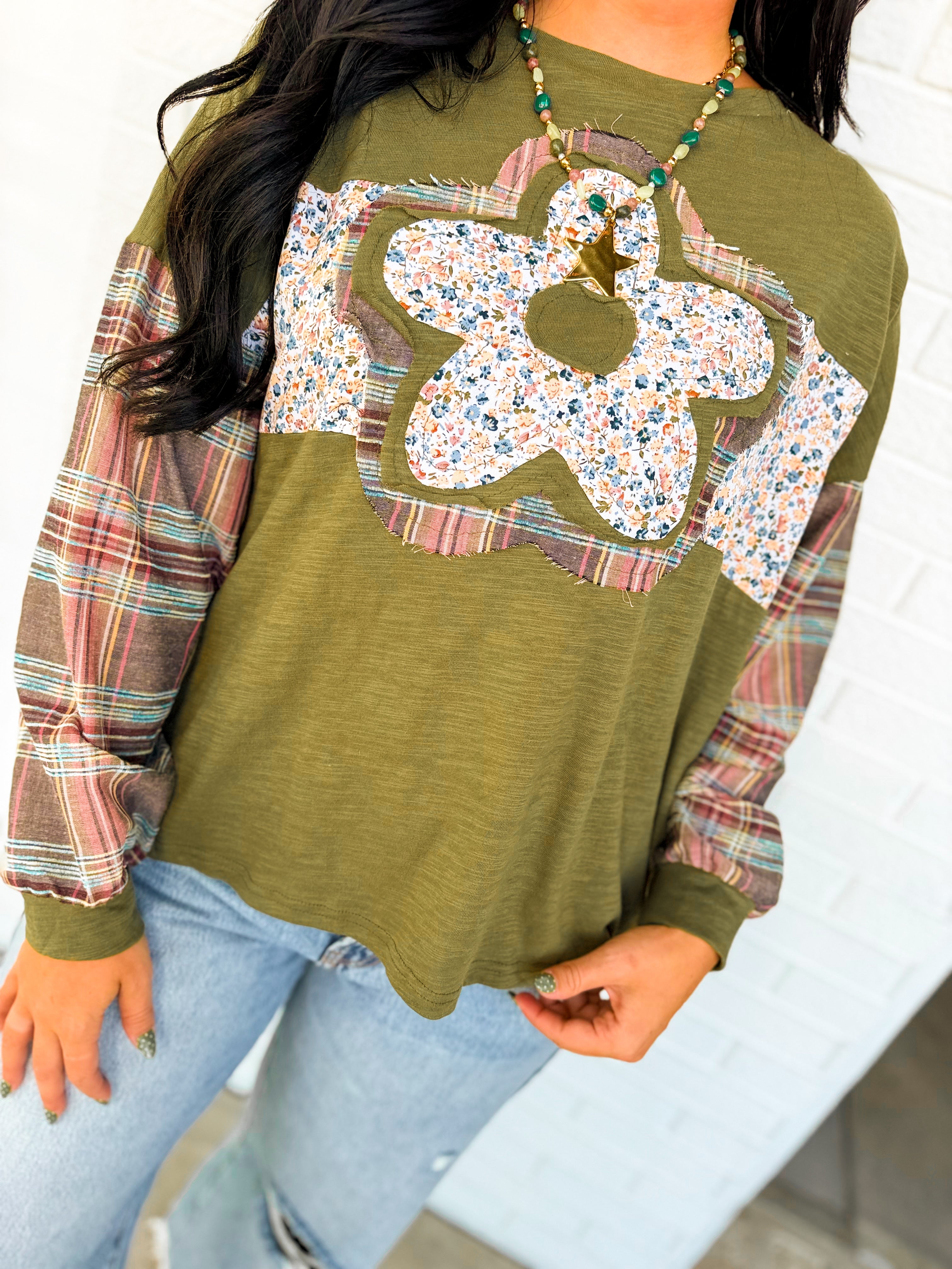 Floral Patch & Plaid Detail Long Sleeve Top - Olive - Lace and Grace Boutique