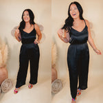 Out For The Night Crinkle Satin Jumpsuit - Black - Lace and Grace Boutique