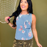 Vintage Floral Printed Scalloped Trim Denim Tank Top - Lace and Grace Boutique