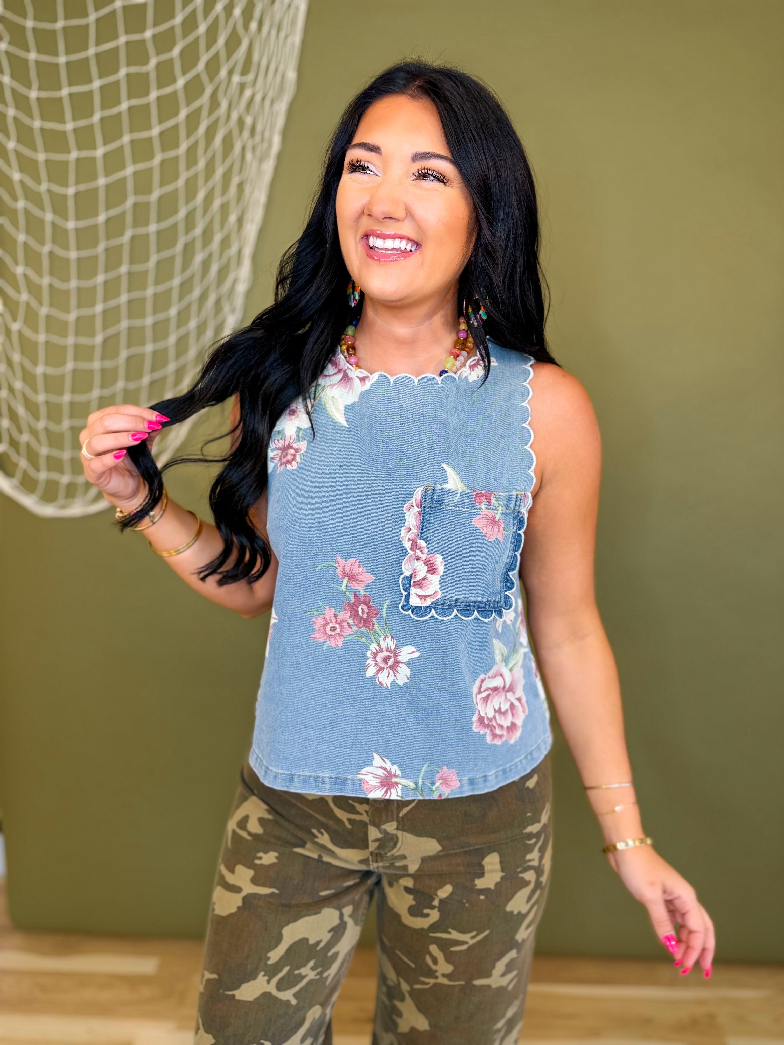 Vintage Floral Printed Scalloped Trim Denim Tank Top - Lace and Grace Boutique