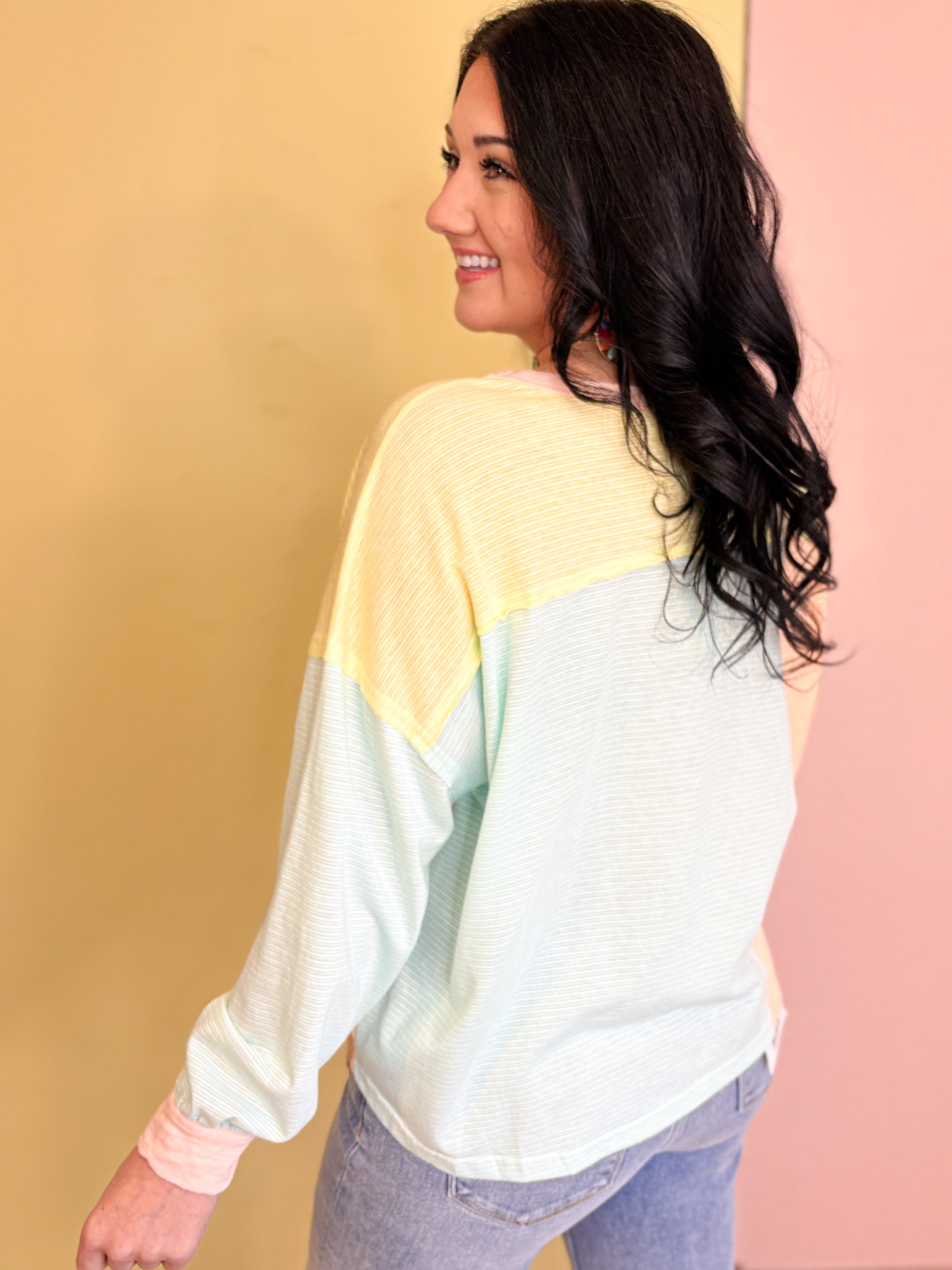 Daisy Patch Color Block Long Sleeve Top - Sky/Orange - Lace and Grace Boutique