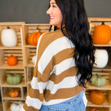 Striped Drop Shoulder Knit Sweater - Deep Camel - Lace and Grace Boutique