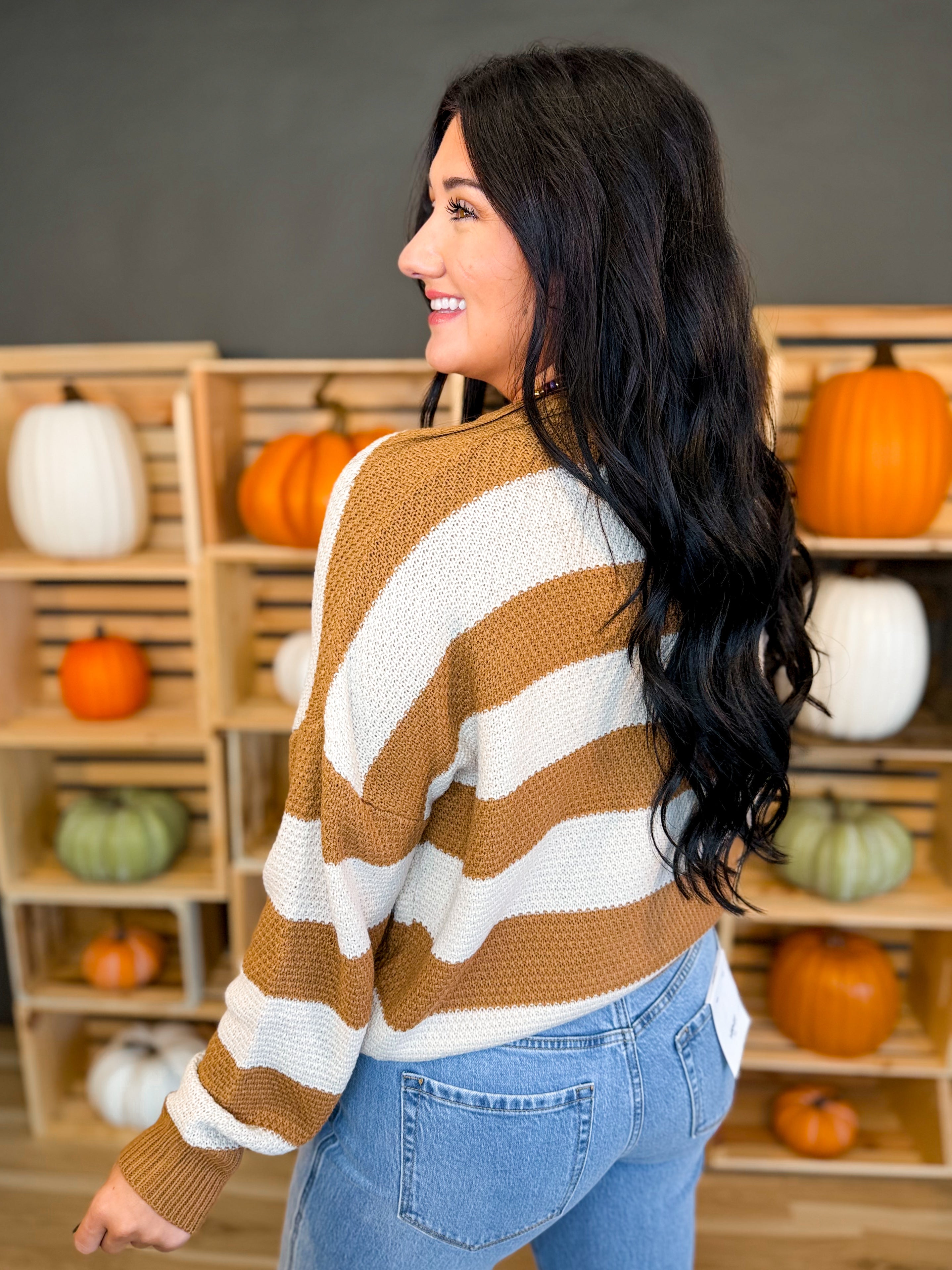 Striped Drop Shoulder Knit Sweater - Deep Camel - Lace and Grace Boutique