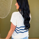 Striped Button Down Short Sleeve Top - Cream/Navy - Lace and Grace Boutique