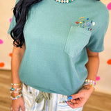 Wildflowers Faux Embroidered Pocket Tee - Light Green