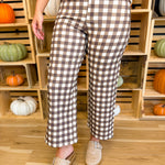 Gingham Wide Leg Crop Stretch Denim Pants - Brown Combo - Lace and Grace Boutique