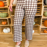 Gingham Wide Leg Crop Stretch Denim Pants - Brown Combo - Lace and Grace Boutique