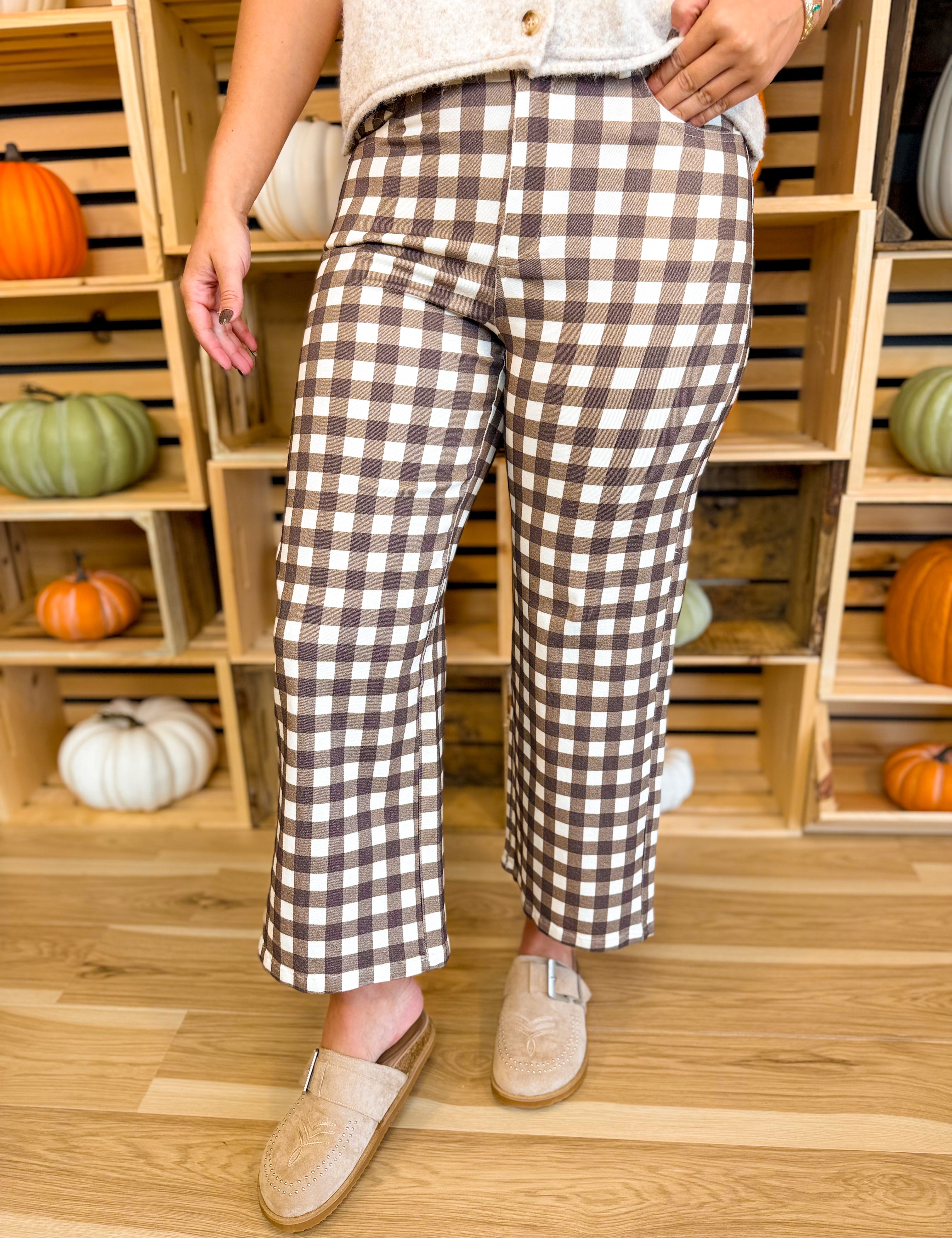 Gingham Wide Leg Crop Stretch Denim Pants - Brown Combo - Lace and Grace Boutique