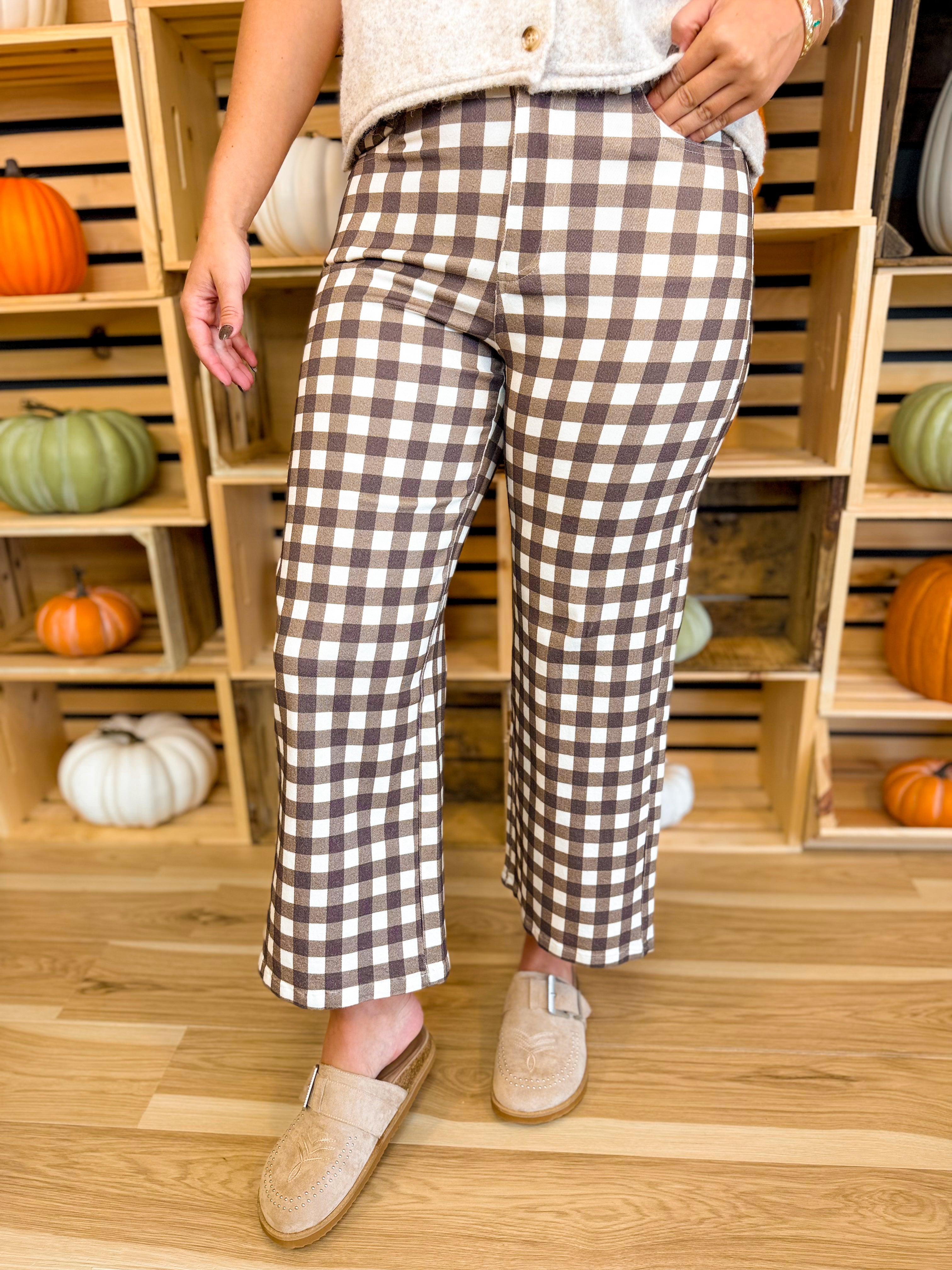 Gingham Wide Leg Crop Stretch Denim Pants - Brown Combo - Lace and Grace Boutique