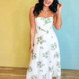 Floral Printed Midi Dress - White/Sage - Lace and Grace Boutique