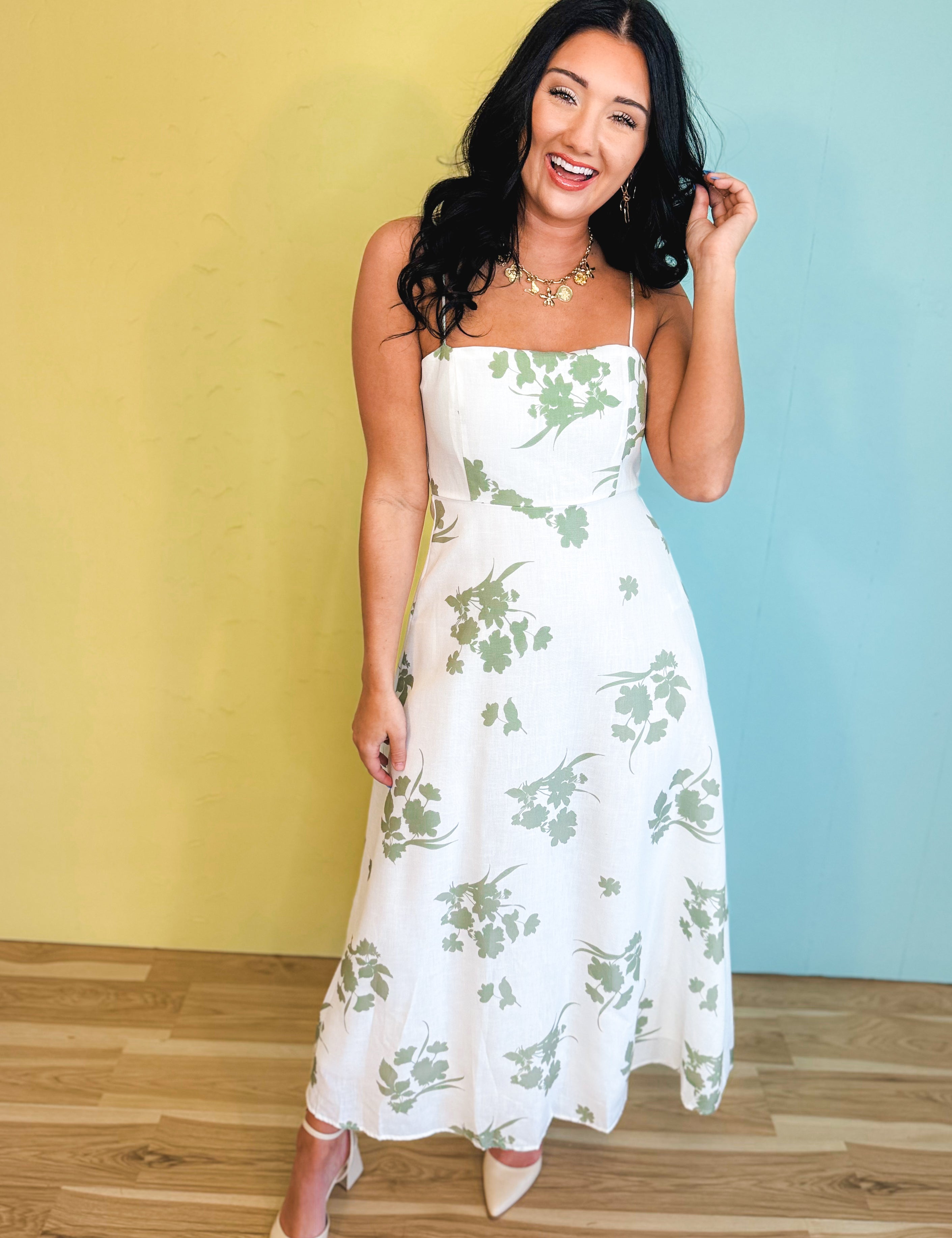 Floral Printed Midi Dress - White/Sage - Lace and Grace Boutique