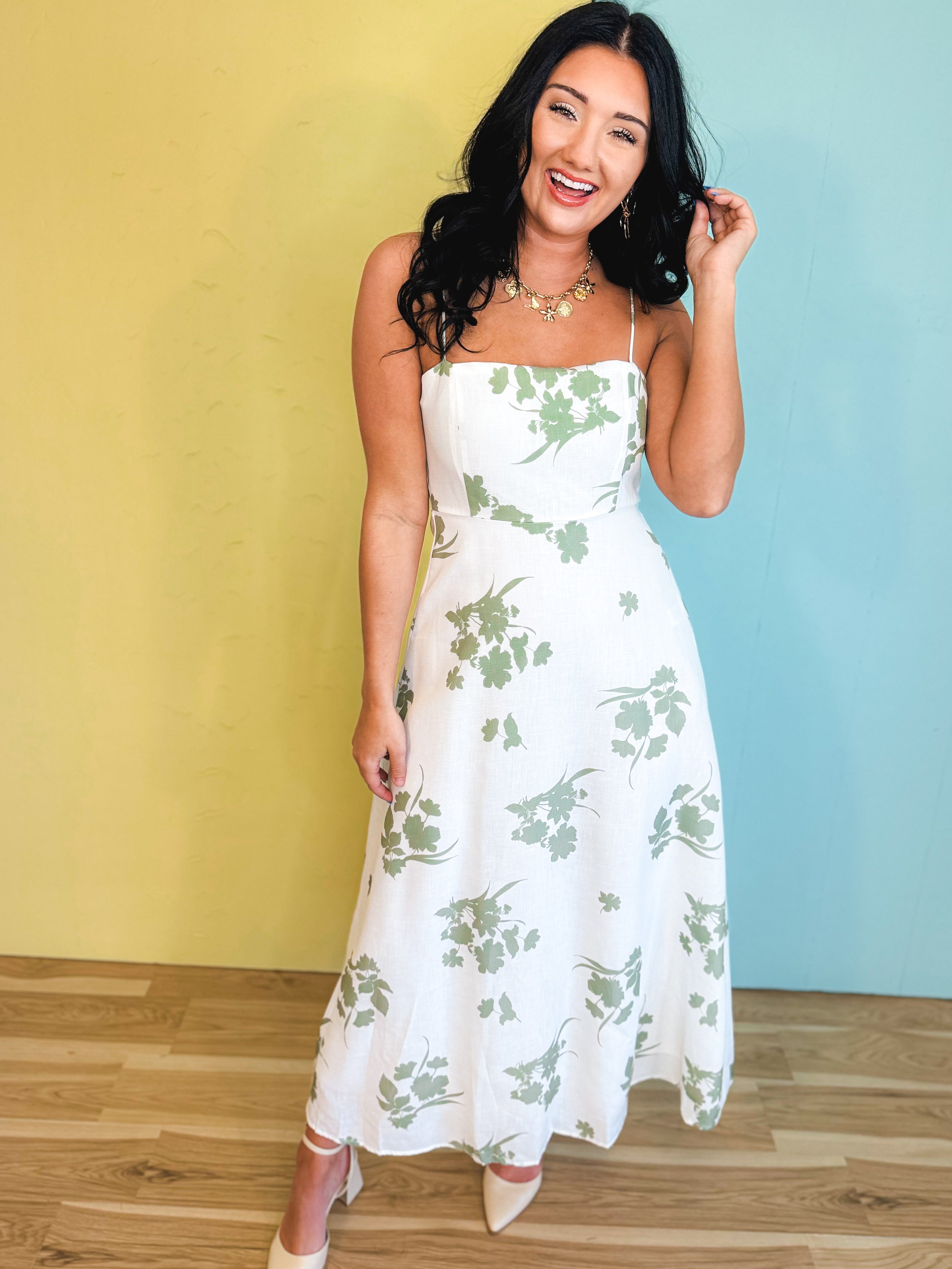 Floral Printed Midi Dress - White/Sage - Lace and Grace Boutique