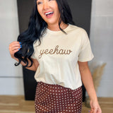 Yeehaw Stitched Knit T-Shirt - Ecru/Brown